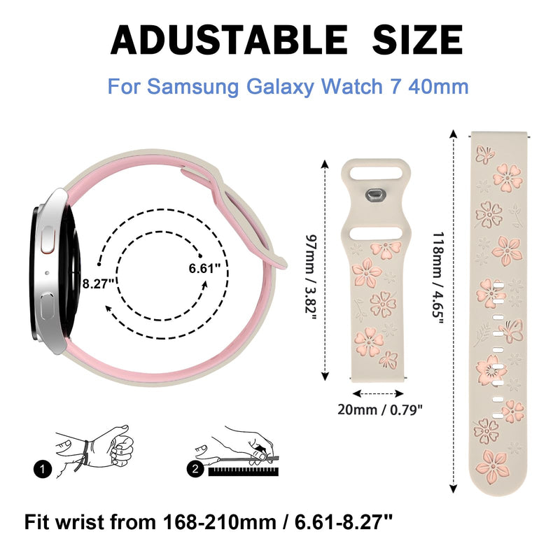 2-in-1Floral Engraved Band Rhinestone Bezel Case for Samsung Galaxy Watch 7 | Flower Soft Silicone Watch Strap Sparkly Diamond Bumper PC Protective Cover for Women Waterproof Sport Replacement Wristband Starlight Case + Starlight&Pink Band