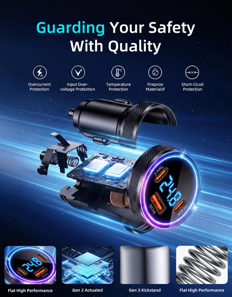 4-in-1 Starlink Mini Car Adapter, 10FT Starlink Mini Power Cable | 12V-24V cigarette lighter adapter with voltage display, dual 45W USB-C PD and 35W USB-A ports for cars, trucks and RVs Black