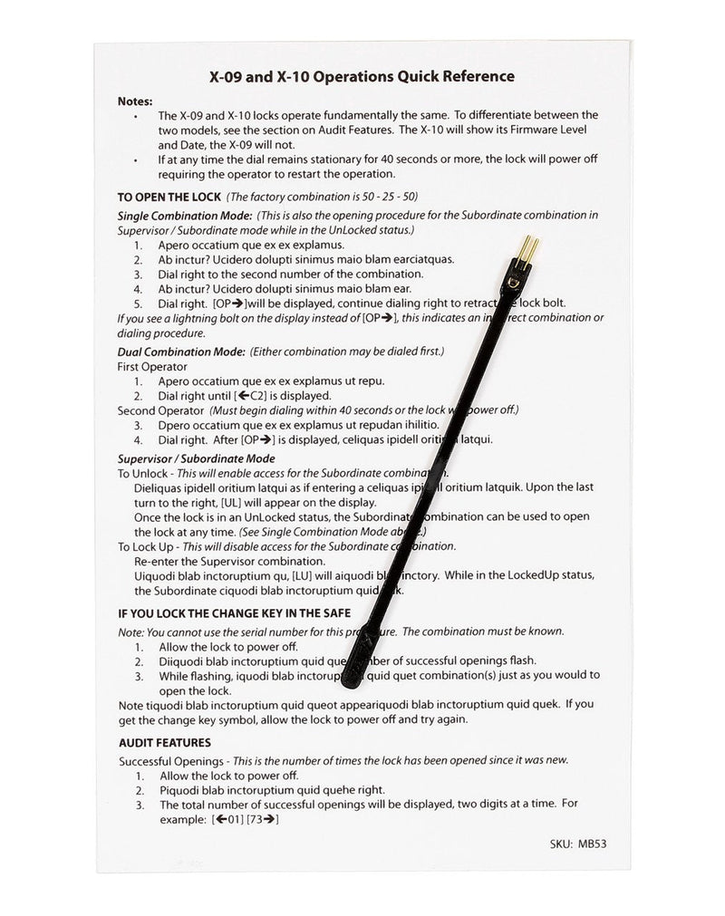 X-09 / X-10 Safe Lock Change Key and Quick Reference