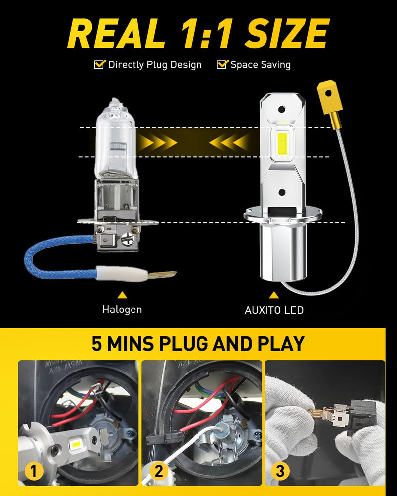 "AUXITO H3 LED Bulb, 16,000LM 600% Super Brighter, 10 Years Lifespan, 1:1 Size Plug-n-Play, 100% Perfect Installation, H3 LED Fog Light Bulb for Fog Lamp, DRL, Canbus Ready, Pack of 2". Cool White H3/H3ll