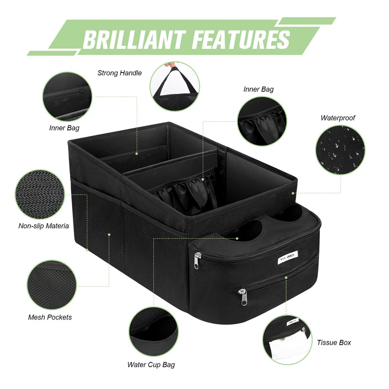 FUNNy elf Passenger Seat Organizer, Collapsible Car Storage with Partitions & 4 Cup Holders for Front or Back Seat Black