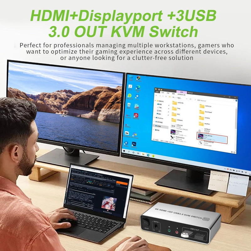 Dual Monitor HDMI Displayport KVM Switch 2 Monitors 2 Computers 4K 60Hz USB3.0 KVM Switcher HDMI+DP 3 USB Ports KVM Switcher for 2 PC Sharing Keyboard Mouse Printer Mic and Audio Output HDMI+DP KVM Switch 2 Monitors 2 Computers