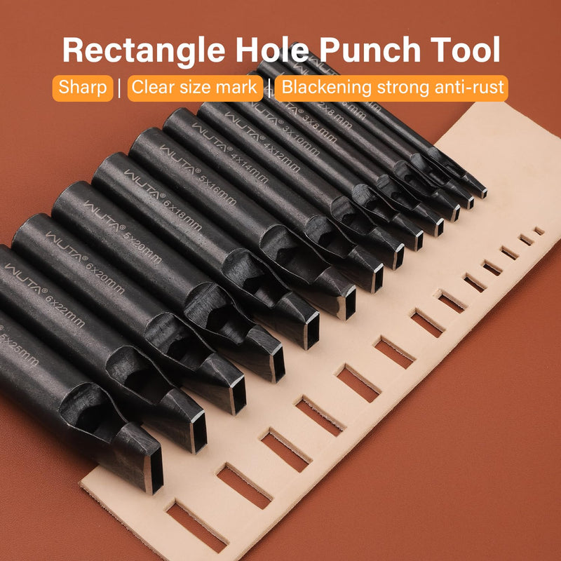 WUTA 6 Pcs Rectangle Leather Hole Punch Set, High Carbon Steel Punch Tool, Hollow Punch Cutter Kits for Belt & Leather Crafting（2 * 4mm + 2 * 6mm + 2 * 8mm + 3 * 10mm + 4 * 12mm + 4 * 14mm） 2*4mm + 2*6mm + 2*8mm + 3*10mm + 4*12mm + 4*14mm