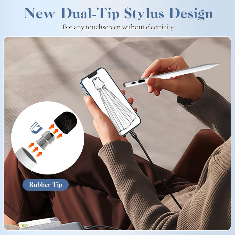 Stylus Pen for iPad Work for iPad Pro 11"/12.9", iPad 6/7/8/9/10, iPad Air 3/4/5, iPad Mini 5/6, Newly Dual-Tip for Touch Screens, Apple iPad Pen with Fast Charge Tilt Sensitive Palm Rejection