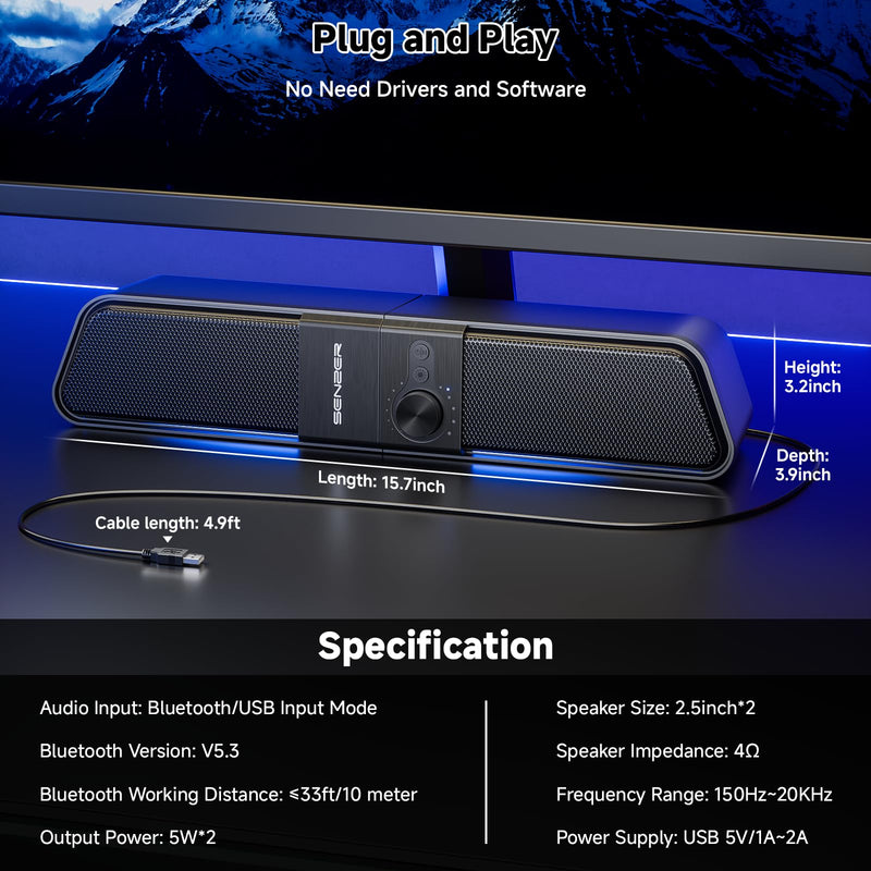 SENZER CS20 2 in 1 Bluetooth Computer Speakers for Desktop, USB Plug & Play Clear Sound PC Speakers with RGB Light, Monitor Sound Bar with Volume Knob, Gaming Speaker for PC Laptop Phone Tablet Black