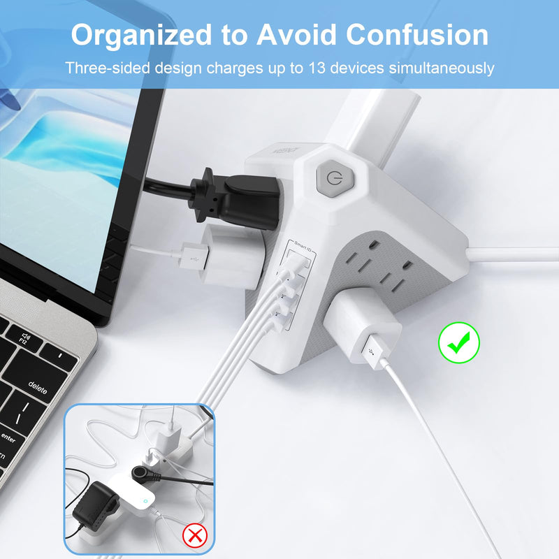 Tower Surge Protector Power Strip, NVEESHOX 9 AC Outlets with 4 USB Ports (1 USB C )3-Side Triangle Outlets with USB Ports,6.5 Ft,Flat Plug, Charging Station with Surge Protection,for Home Office Dorm White-Gray
