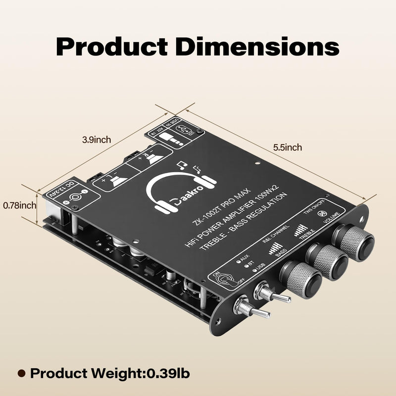 Daakro ZK-1002T Pro Max 2.0 Channel Bluetooth 5.3 Amplifier Board 100W+100W HiFi Audio AMP with Treble and Bass, TWS,BT USB and AUX Inputs, DC 12-24V 2.0 Channel Stereo AMP Module for DIY Speakers