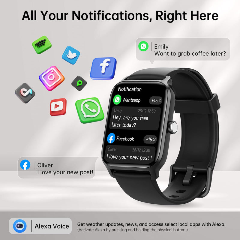 Tensky Smart Watch for Men & Women, 46mm HD Big Screen Fitness Tracker | iPhone/Android/Samsung, Answer & Make Call, Alexa Built-in, 101+ Sport Modes, Sleep/Heart Rate/SpO2 Monitor, 7-10 Day Battery Black 1.85