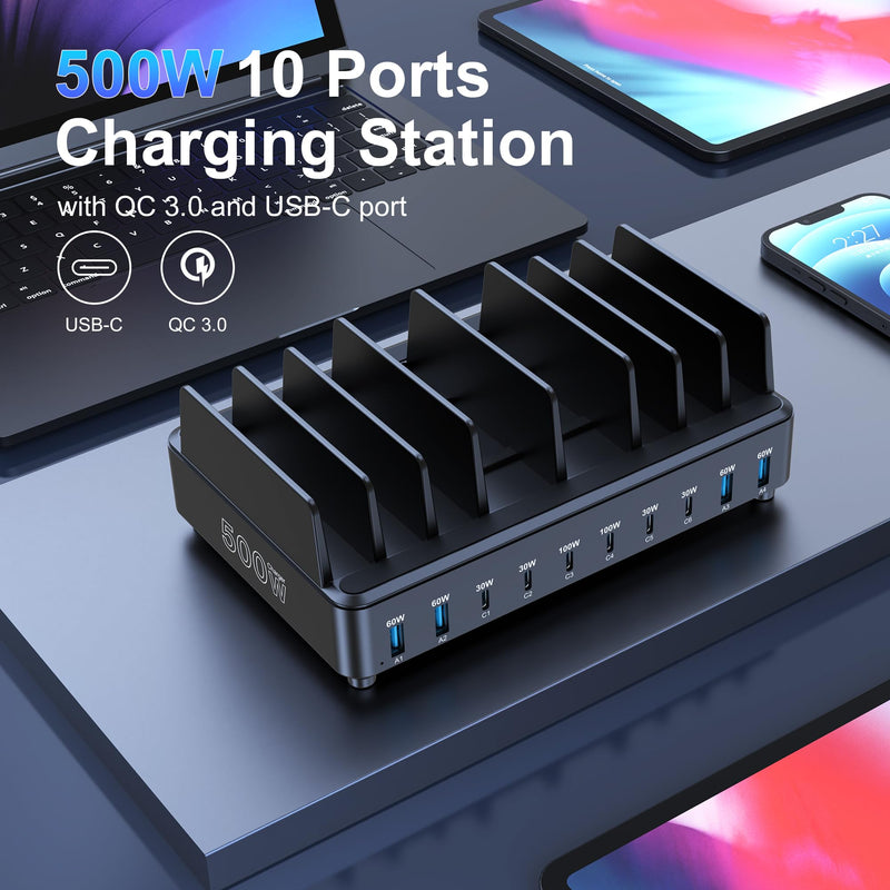 chipofy 500W Charging Station for Multiple Devices, 10-Port Multi USB C Fast Charger Station with Organizer Stand for MacBook Laptop, iPad, iPhone 16 15 Pro Max, Galaxy S25/S24 (No USB Cables)