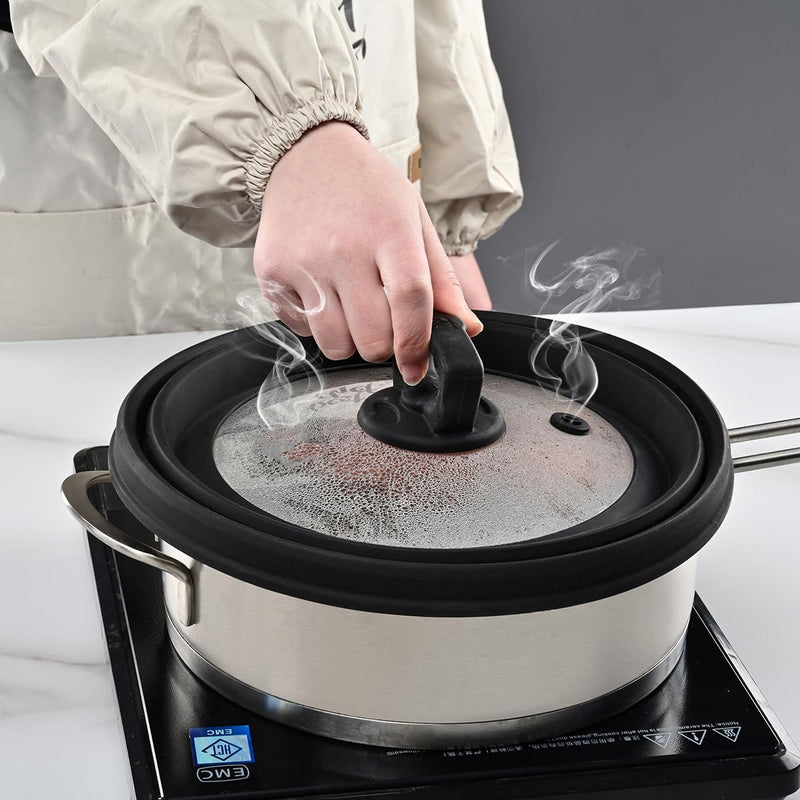 Microwave Splatter Cover Vented Glass Splatter Guard Lid with Collapsible Silicone for Food as Pot Cover Plate 10.8 inch for 6 7 8 9 10 inch Plate Bowl Black
