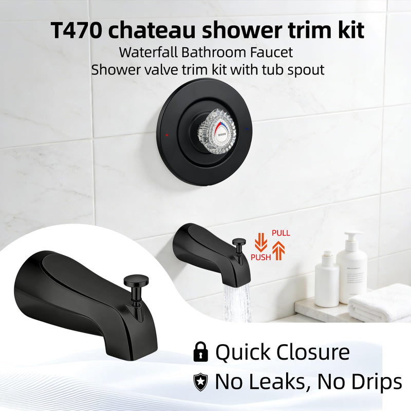 Shower Trim Kit and Tub Spout, Compatible with Moen T470 Chateau Shower Trim kit, for Moen 1225 Trim Kit, Includes Escutcheon, Tubes, Shower handle and Screws (Matte Black) Matte Black