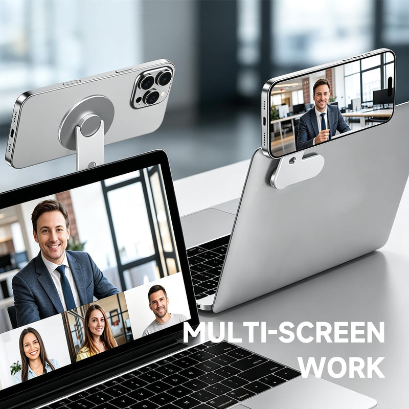 Laptop Phone Holder Rotating Phone Mount for MacBook Laptop Monitor, Dual-Screen Bracket for iPhone Samsung Android, Foldable Portable Accessory