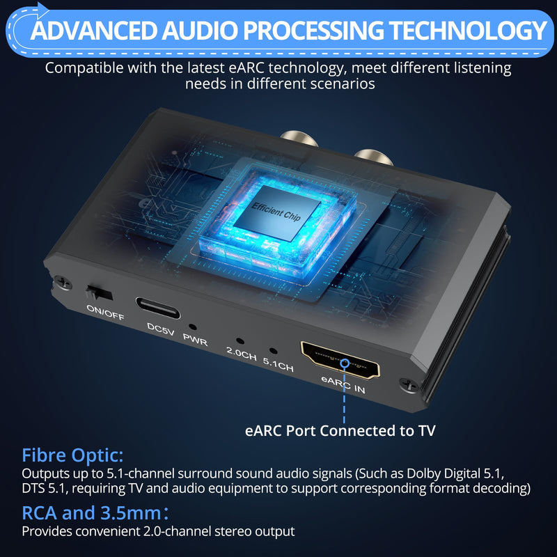 CAMWAY eARC/ARC Audio Extractor - eARC/ARC to Optical RCA 3.5mm Adapter, Support Dolby Digital DTS 5.1 Surround Output for TV, Amplifiers, Soundbars, Powered Speakers, Headphones,etc 8.3 x 5.2 x 3.8 cm