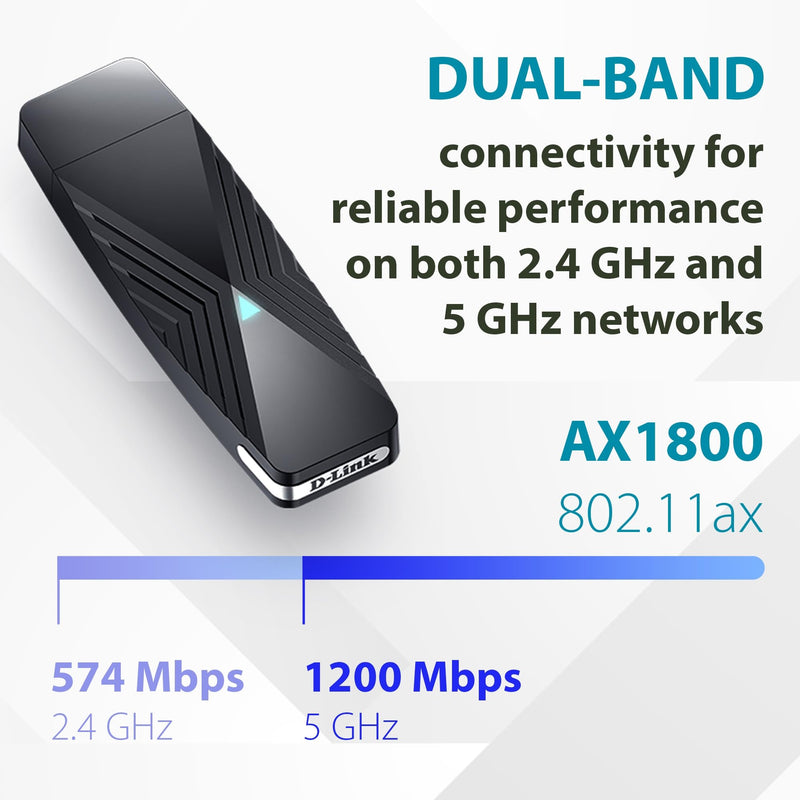 D-Link USB WiFi 6 Adapter AX1800 USB 3.0 Dual Band Long Range MU-MIMO Wireless Internet Network for Desktop PC Laptop Windows (DWA-X1850-B1) Black AX1800 USB Adapter (New)