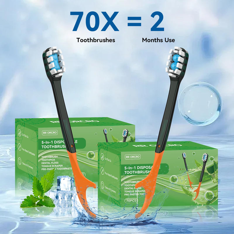 70Pack Disposable Toothbrushes with Toothpaste + Pick + Floss + Tongue Scraper 5-in-1 Mini Prepasted Travel Toothbrush for Hotel Camping Flight Car Single Use Portable Individually Wrapped | Mint Orange - Burst Bead 70 Pack