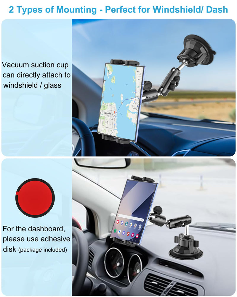 Z Fold Car Holder, Windshield Mount for Foldable Phone, Super Suction Cup | 360° Metal Arm Truck Dashboard Tablet Phone Stand for Galaxy Z Fold 8 7 6 5 4 3 2, Pixel Fold, Galaxy Tab, 4-13" Device