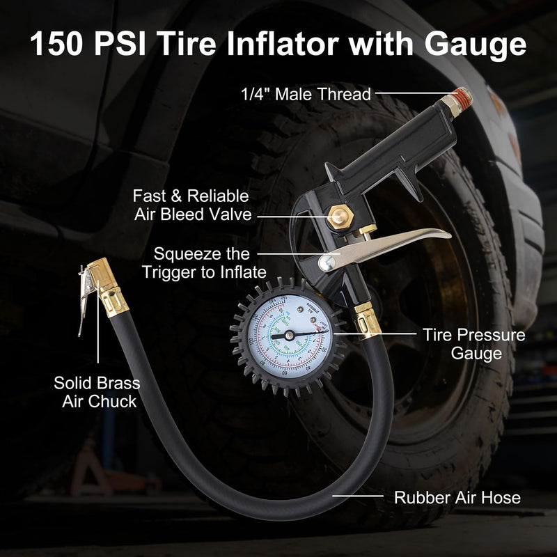 Gunpla 19 Pieces Air Compressor Accessories kit, Heavy Duty Air Blow Gun Air Hose Fittings and 150 PSI Tire Inflator Gauge, 1/4 in x 25 ft Recoil Poly Air Compressor Hose Kit