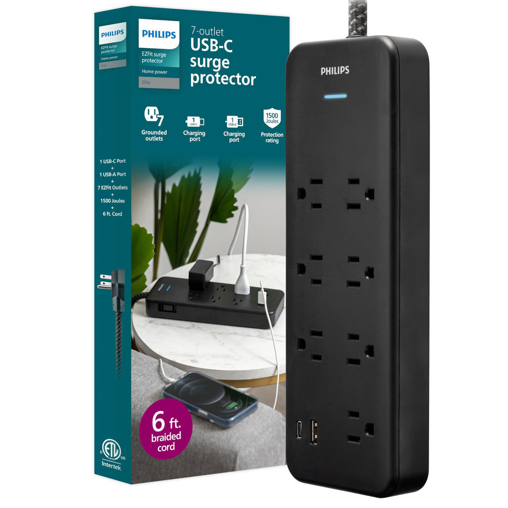 Philips 7-Outlet Surge Protector, 6 Ft Braided Extension Cord, Adapter-Spaced, 1 USB-A, 1 USB-C, 15W, 1500J, Black, SPP3703B/37