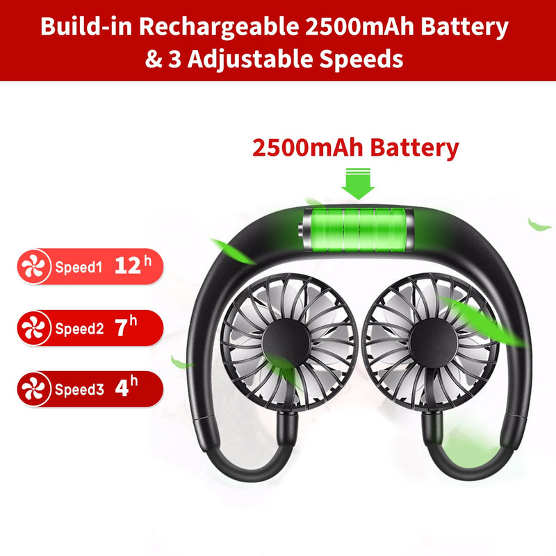 Portable Neck Fan Rechargeable Personal Hand-Free Fan Mini USB Wearable Neckband Sport Fan, 3 Speed Adjustable, 360 Degrees Free Rotation Perfect for Working, Traveling, Office, Reading (Full Black) Full Black
