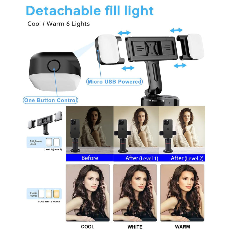 GREEN HOUSE Auto Face Tracking Phone Holder, Selfie Gimbal with Rechargeable & Detachable LED Fill Light & Detachable Controller With remote&fill light