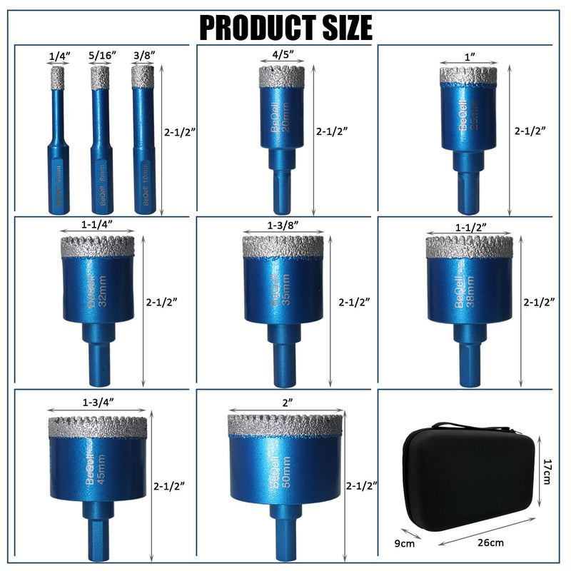 Tile Hole Saw Kit Diamond,BeQell 10pcs Diamond Core Drill Bits Set for Ceramic Porcelain Tile Marble Granite Stone Tools Drilling Triangle Shank with Storage Case
