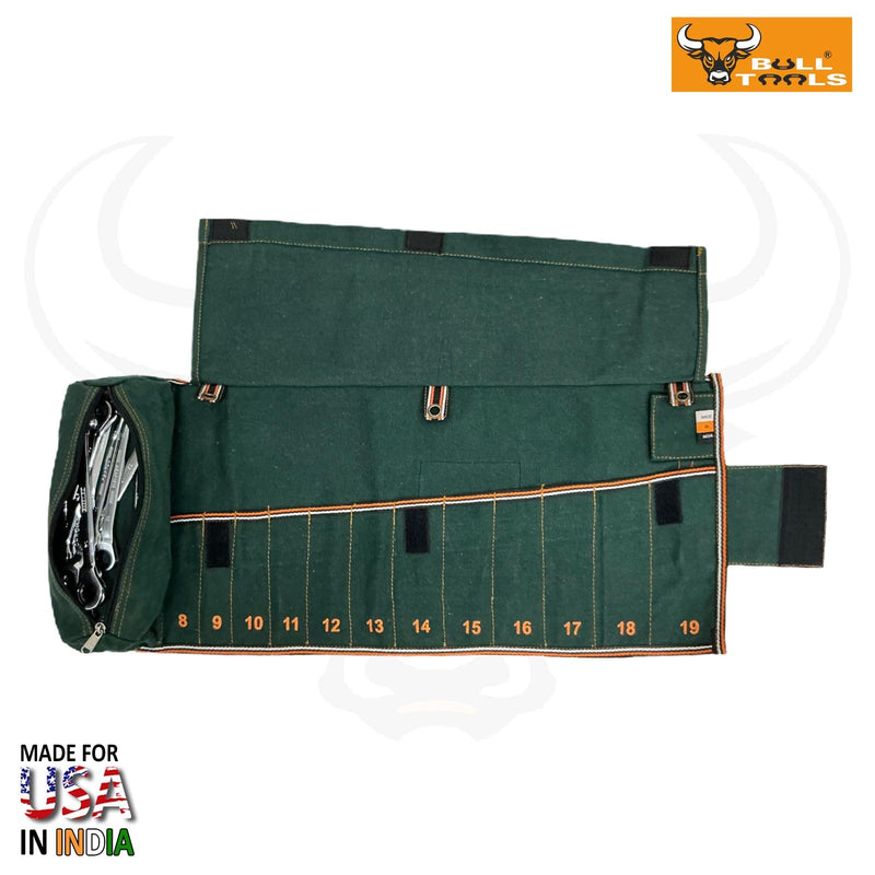 BULL TOOLS Tool Set Organizer, Tool Kit Pouch W 12+1 Pockets Wrench Set Organizer, Metric Ratcheting Recycled Cotton Canvas, Roll-Up Tool Bag for Mechanics, DIYers & Electricians (Tools Not Included) 12+1 Metric Olive Green
