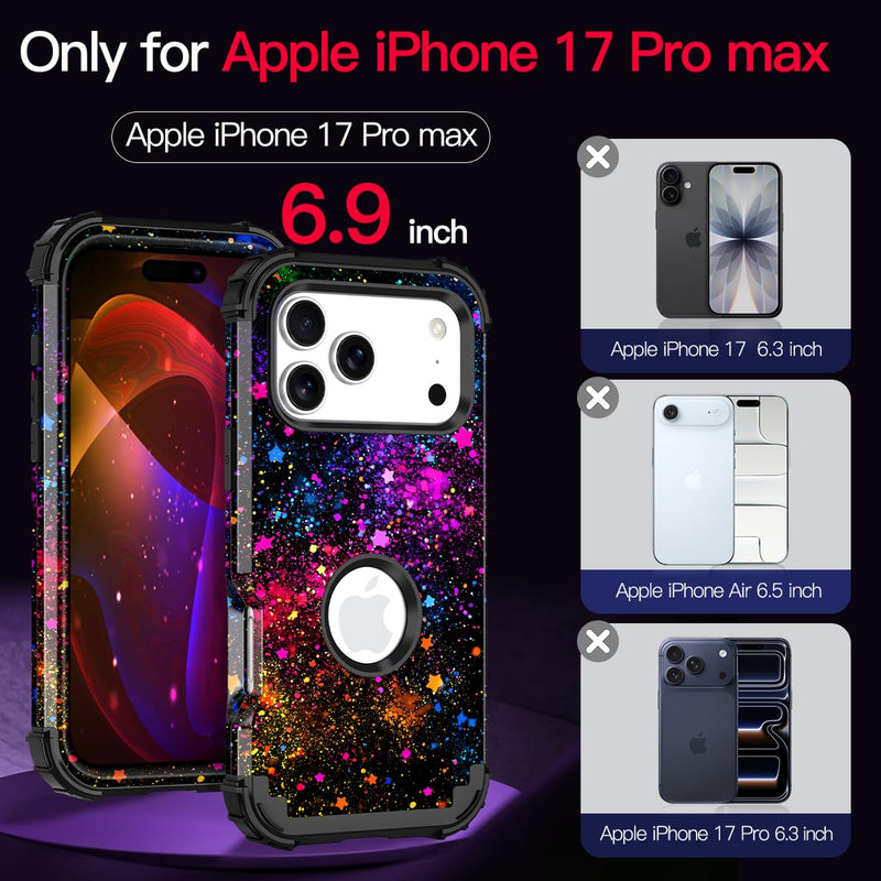 Casetego for iPhone 17 Pro Max Case,Glow in The Dark Three Layer Heavy Duty Sturdy Shockproof Full Protection Rugged Hard PC+Soft TPU Bumper Case for iPhone 17 Pro Max 6.9 inch,All Colorful Sky All Black Colorful Sky