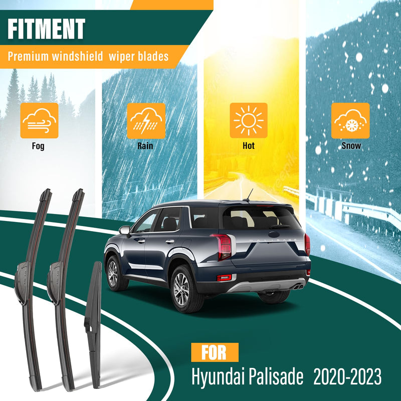 Windshield Wiper Blades Replacement for Hyundai Palisade 2020 2021 2022 2023 2024 2025,Original Equipment Replacement Front Rear Wiper Blade Set - 26" 20" 12" (Set of 3) 26"/20"/12" Hook