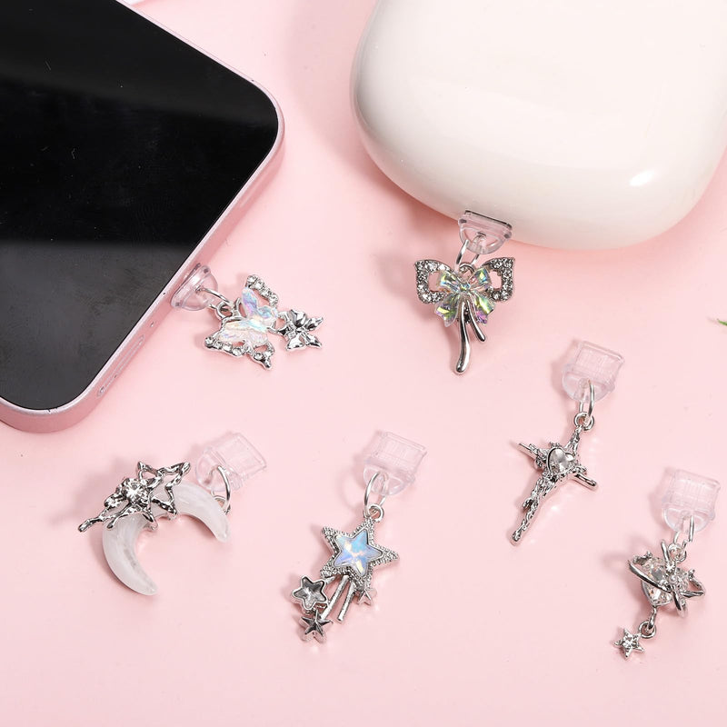 6 Pcs Dust Plug Charm, Silver Aesthetic Moon Star Butterfly Design Dust Plug Charms Compatible with Phone Type C/USB C Charging Port