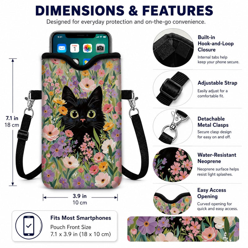 Neoprene Phone Sleeve Pouch Case Bag for Women Men with Crossbody Strap, 7.1x3.9 in, Shockproof Mobile Protection Case Bag with Neck Lanyard, Fits Most Phones, Black Cat Floral