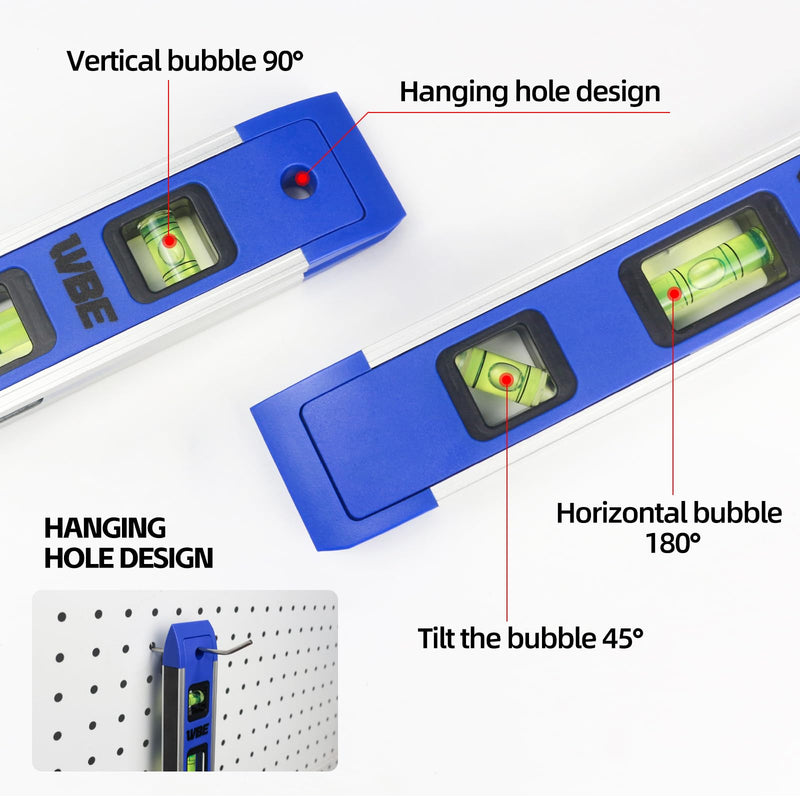 9-Inch Magnetic Torpedo Level,Yellow Aluminum Magnetic Torpedo Level, 180/90/45 Degree Bubbles With Shock Absorbing End Caps (BLUE, 4 Pack) Blue