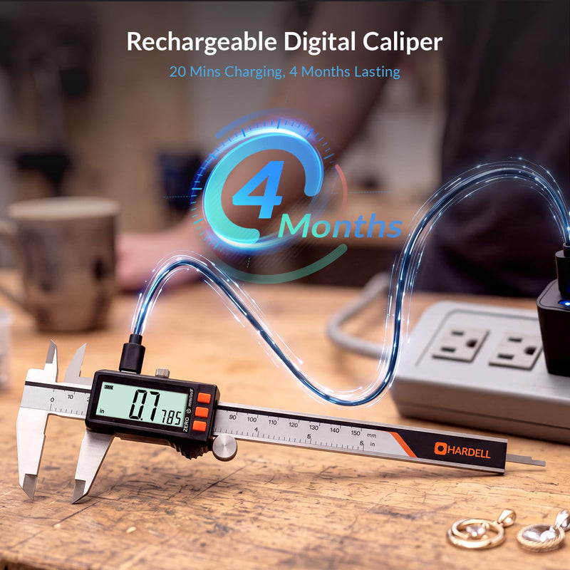 HARDELL Digital Caliper, Rechargeable Calipers with Battery Display, Auto-Off Caliper Large LCD Screen, 6 inch Micrometer, Inch/MM/Fraction for DIY/Household/Jewelers