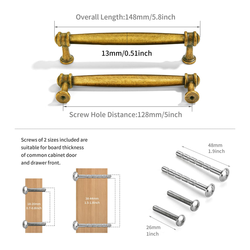 5 Pack 5 Inch(128mm) Vintage Antique Brass Cabinet Pulls Kitchen Cabinet Hardware for Cupboard Drawer Handles Dresser Pulls 5 Pack