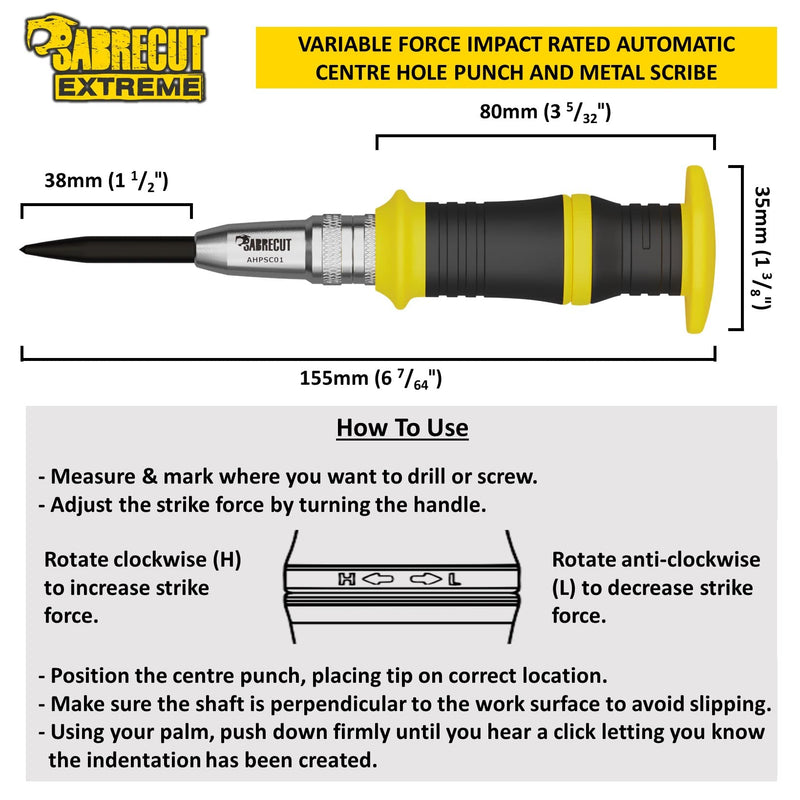 1 Piece SabreCut AHPSC01 Heavy Duty Automatic Spring Driven Centre Hole Punch with Adjustable Strike Force 60-140 Newtons Suitable for Metal Wood Plastic and many other materials