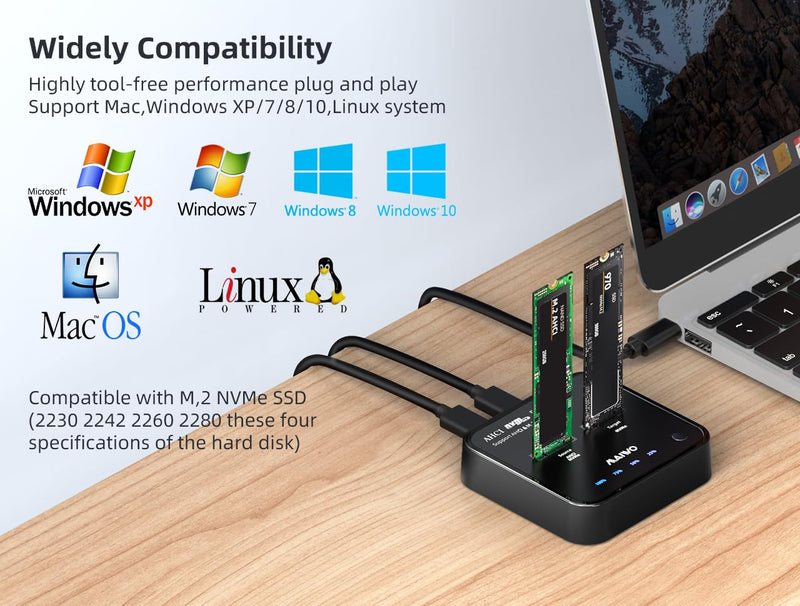MAIWO Dual Bay M.2 NVMe Duplicator Cloner Dock, Support Max 2 x 4TB 20Gbps AHCI to NVMe Clone, PCIe SSD Read&Write&Clone for 2230/2242/2260/2280/22110 SSDs K3016P2