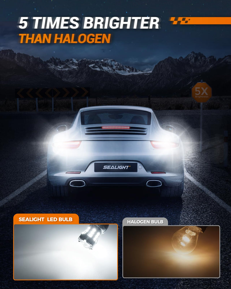 SEALIGHT 912 921 LED Bulbs for Backup Reverse Light, T15 906 904 916 W16W Light Bulbs with Projector Replacement Trunk Cargo 3rd Brake Stop Lights, 600% Brighter Xenon White Non-polarity Pack of 2 921/912 921-White