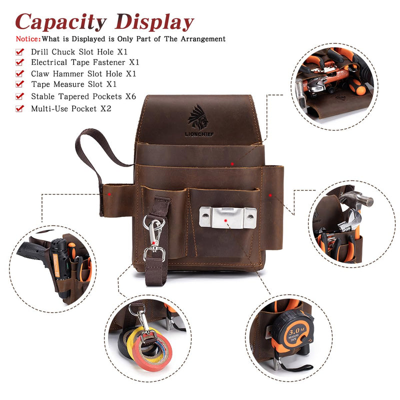 Genuine Leather Electrician Tool Pouch and Belt, Adjustable Leather Tool Belt with Multi-Pockets for Electricians, Brown Small