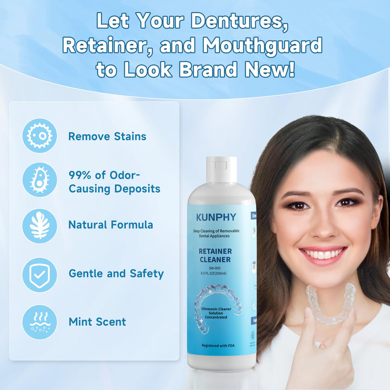 2 Pack Ultrasonic Retainer Cleaner Solution for Sonic Denture Cleaner-Professional Cleaning of Retainers, Invisible Aligners, Mouth Guards, Night Guards, Remove Odors, Discoloration & Stains 8.5oz 250ML*2