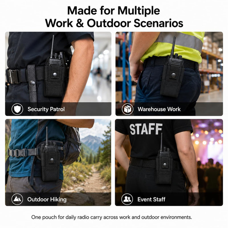 Walkie Talkie Radio Pouch, Black Two Way Radio Holder Case with Snap Button Strap and Elastic Cord, Compact Carry Pouch for Security Patrol, Warehouse, Outdoor Hiking, Event Staff