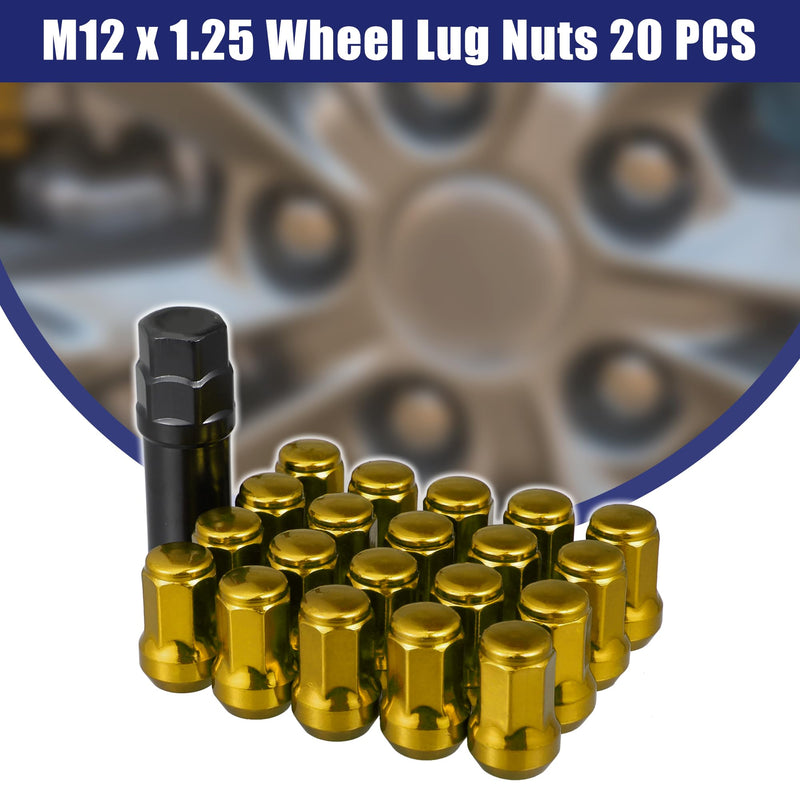 ACROPIX M12 x 1.25 Car Lug Nuts Cone Seat Closed End Bulge Acorn Hex Wheel Nut with Socket Key Gold Tone - Pack of 20