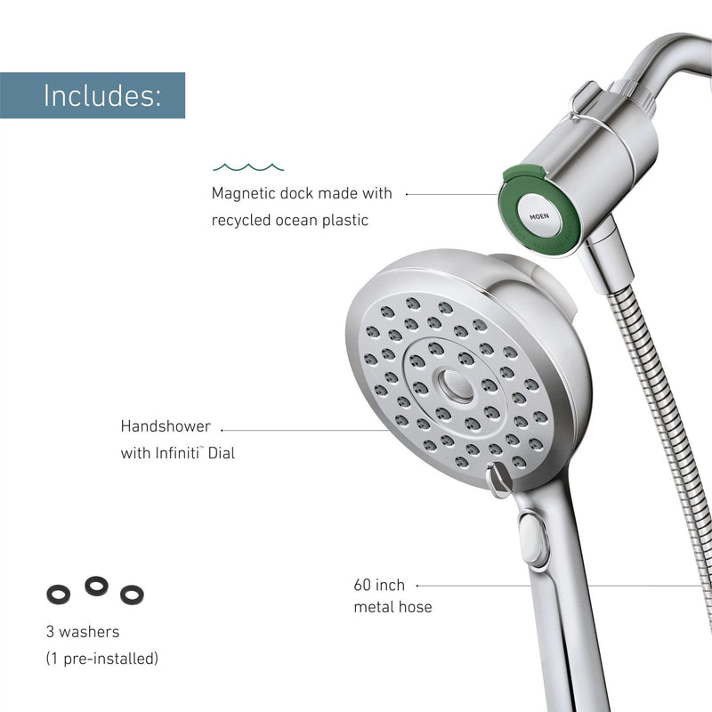 Moen Verso Eco-Performance Handshower, Detachable Round Shower Head with Magnetix Docking System, 60" Hose, Chrome, 220H2EP