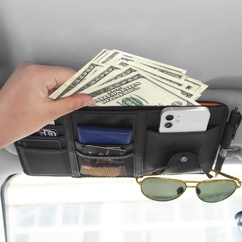 2 Packs Car Sun Visor Pocket Organizer for Car Truck, Car Visor Storage Pouch with Big Zipper Pocket, Card Sleeve Pocket Organizer, Drving License, Insurance, Sunglasses, Pen, Key, Phone, Lipstick 2PCS, Black