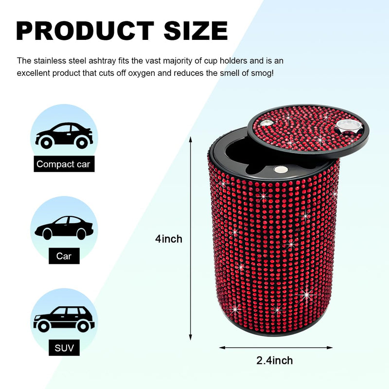 Car Cigarette Ashtray with Lid, Stainless Steel Bling Crystal Diamond Smokeless Fireproof Vehicle Ashtray Holder, Portable Sparkling Ashtray Cup Holder for Car Home Office (Red) Red