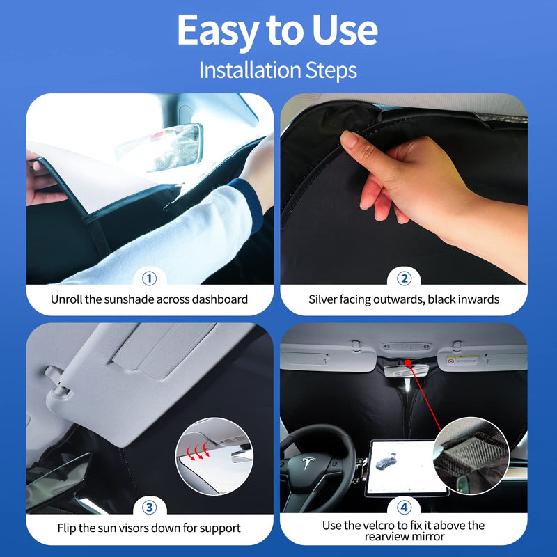 Upgraded Sunshade for Tesla Model 3/Y Windshield, Improved UV Protection Fabric, Metal Frame, Full-Size Foldable Front Sun Shade, Professional Accessories for Tesla Model 3/Y 2016 to 2025 For Tesla Model 3/Y (57''×35'')