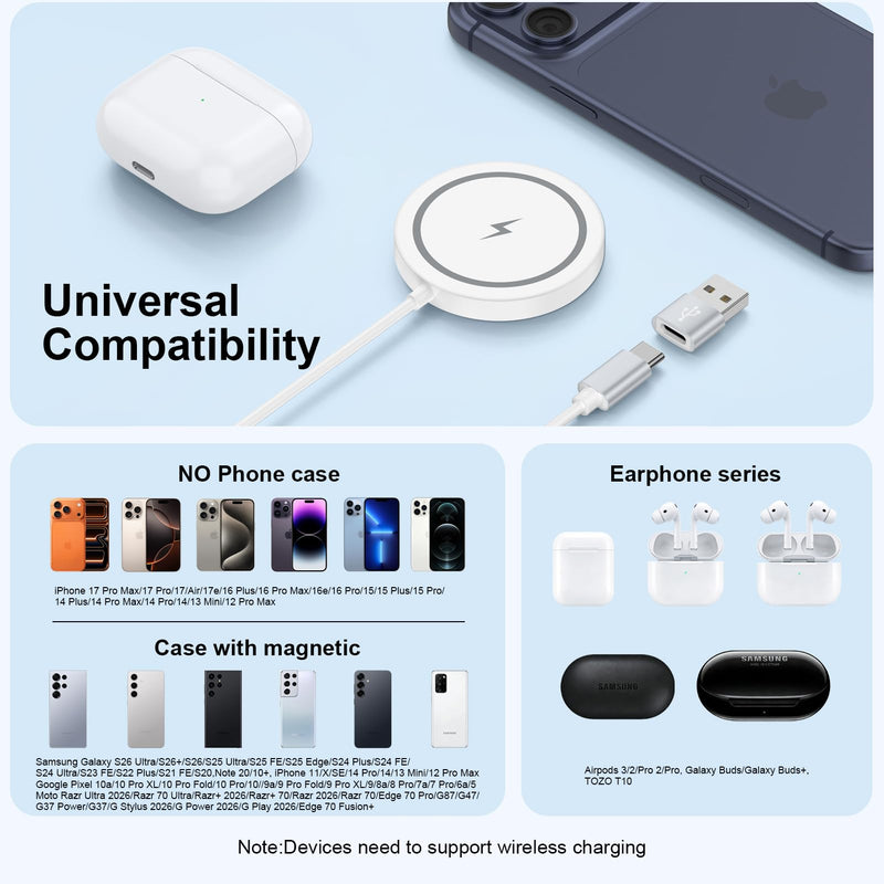 Magnetic Charger Wireless Fast Charging Pad for Samsung Galaxy Z Flip/Fold8 | Wireless Phone Charger for S26 Ultra S26 Plus S25 Edge S25FE S24 S23,Pixel 10A 9,Magsafe Charger for iPhone 17 Pro Max 16e White