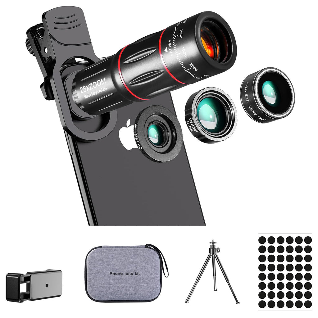 Phone Camera Lens Kit Upgraded Version Telephoto 28X + Wide Angle 0.6X Macro 20X Fisheye 198° for Most Smartphones