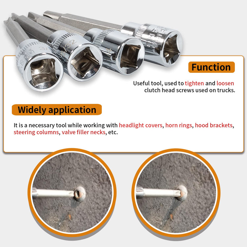 4 Pack Clutch Head Bit Socket Set Used with 3/8" Square Drive for Chevy Cars and Trucks Older
