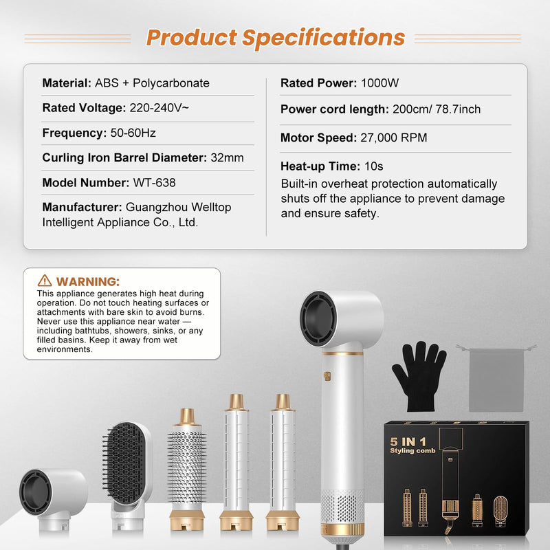 Hair Styler 5-in-1 Set, 1000W Hot Air Brush with Hair Styling Appliances | Air Wrap, Auto-Twist Curlers & Straightening Brush White