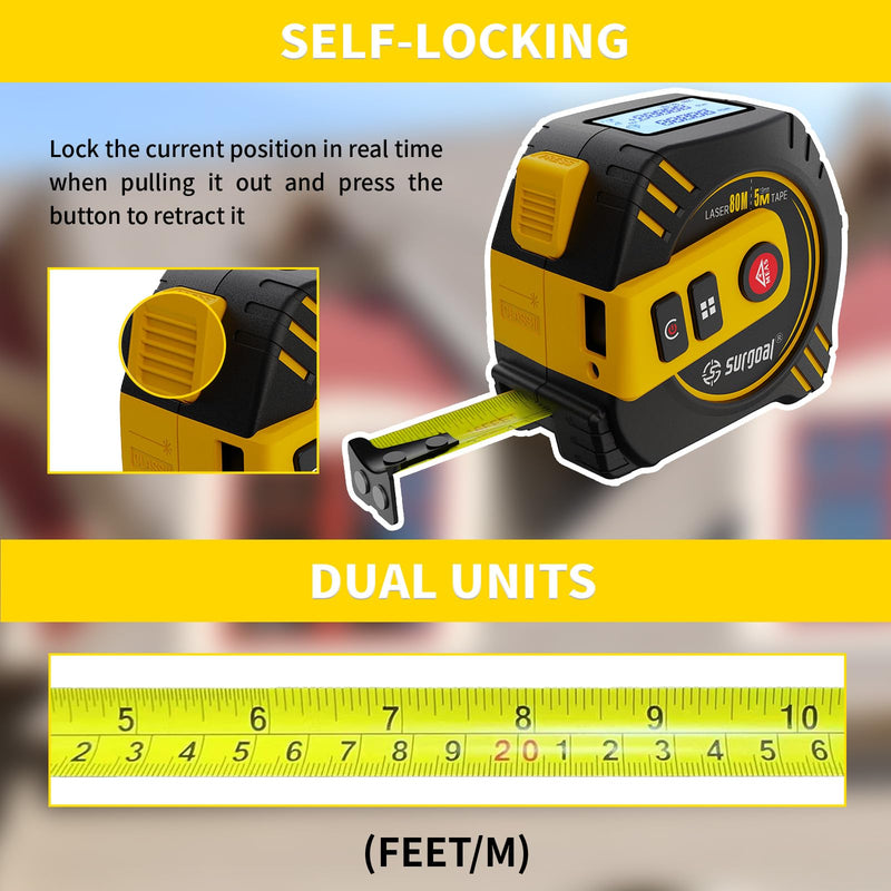 2-in-1 Laser Tape Measure 262ft Rechargeable Digital Tape Measure with Laser 16Ft Construction Measuring Tape for Woodworking and DIY, Pythagorean, Area, Volume, Ft/Ft+in/in/M Unit Magnetic Hook Red Laser Tape 16ft+262ft One Size