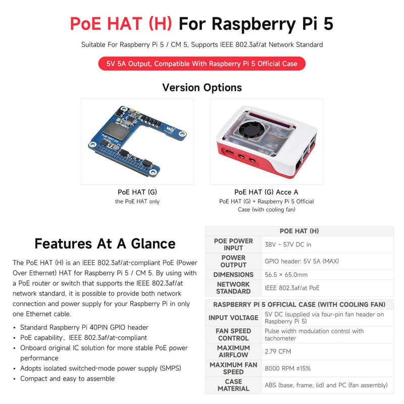 Waveshare Power Over Ethernet HAT (H), Compatible with Raspberry Pi 5 / CM 5, 5V 5A Output, Stable Performance, Supports 802.3af/at Network, Isolated Switched-Mode Power Supply, PoE HAT, Board ONLY